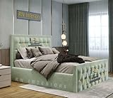 RN Interiors Luxury Chesterfield Sleigh Bed Frame & 125cm High Headboard – Upholstered Plush Velvet Bed Frame with Ottoman Storage (Cream, 3FT Single)