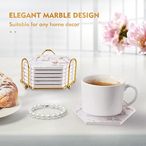 Marble Coasters for Drinks Absorbent with Cork Base,Drink Coasters Set of 6 for Table,Ceramic Coaster with Holder,Home Decor Coffee Cup Beverage Wine Beer Bar Coaster (Gold04) - Image 2