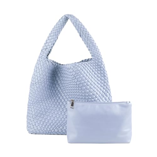Image of Woven Tote Bag for Women with Purse, Vegan Leather Hobo Bags Large Handmade Underarm Shoulder Bag