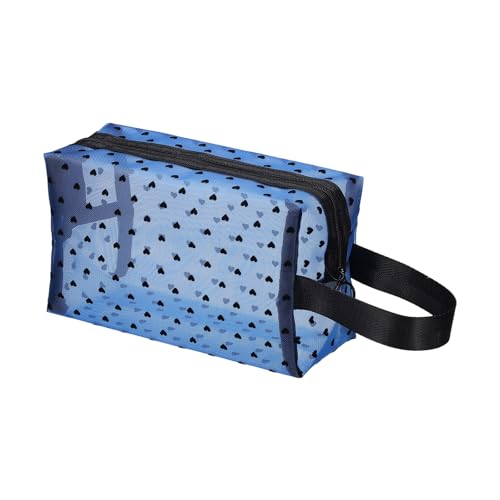 QUARKZMAN Bolso Maquillaje Mini Lindo Malla Corazón Azul | Bolsa Cosmética con Asa para Mujeres Pequeño Estuche Organizador con Estampado De Corazón Y Cremallera Bolsa De Toilette Portátil