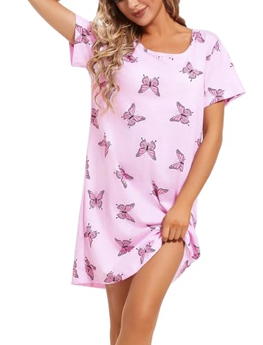 Image of ENJOYNIGHT Womens Cotton Nightgown Short Sleeve Sleepshirt Print Nightshirt | Short-Sleeve Crew Neck, Soft Cotton Fabric, Cartoon Printed Sleep Shirt, Loose Fit