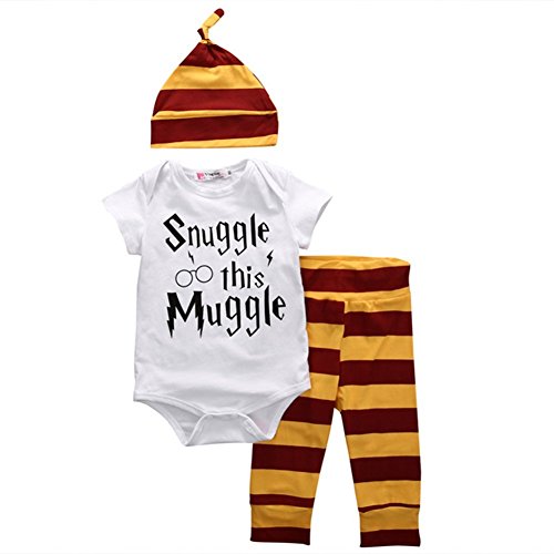Baby Boys Girls Snuggle this Muggle Bodysuit and Striped Pants Outfit with Hat (70 (0-6M), White+Yellow)