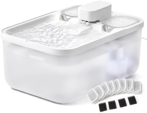 Feandrea Katzenbrunnen, 4,5L Trinkbrunnen für Katzen, 8 Filter, 4 Schwämme | Leiser Haustierbrunnen, Sichtbarer Wasserstand, 28,7 x 19,3 x 17,3 cm, Weiß PWF002W101