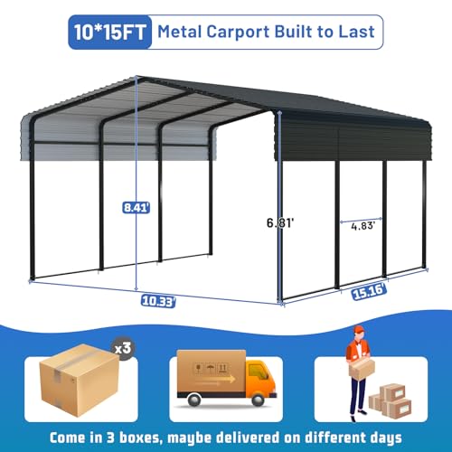Metal Carport 10 * 15 FT Heavy Duty Carport Canopy with Galvanized Steel Roof Multi-Use Shelter Outdoor Portable Garage for Car, Boat, Pickup and Tractor