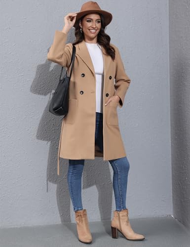 Springrain Womens Winter Wool Pea Coat Warm Notched Collar Double Breasted Belted Coat Long Jacket Outerwear3