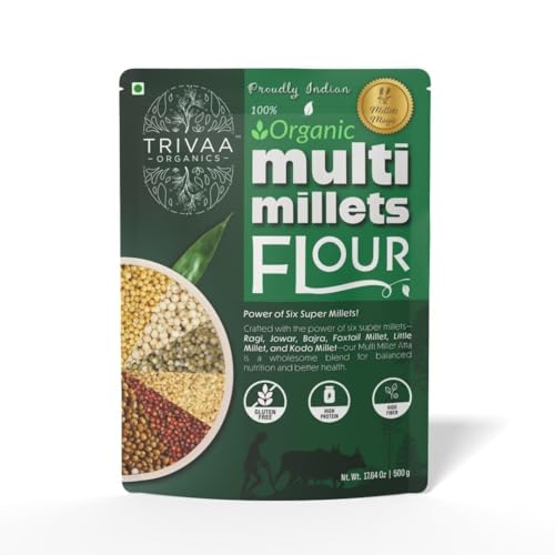 Image of TRIVAA ORGANICS Multi Millet Atta | Blend of Ragi, Jowar, Bajra, Foxtail, Little & Kodo Millet | Gluten-Free | Sugar Control | Low GI | Freshly Milled After Order | No Preservatives | Non GMO | High Protein | High-Fiber & Diabetic-Friendly | 500x10 (Pack of 10)