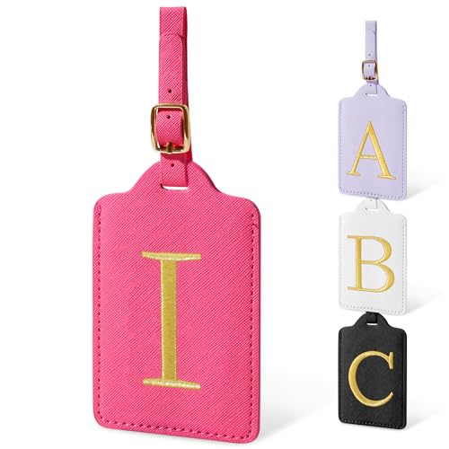 Image of Initial Letter Luggage Tags for Suitcases, Embroidered Monogrammed Suitcase Luggage Identifier Name Tag, PU Leather TSA Approved Luggage Tags, Bag Tags for Men Women Kids Luggage Handbags(Rosered I)