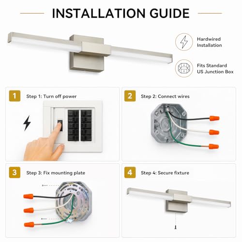 Image of SOLFART Bathroom Lights Over Mirror, 24 Inch Brushed Nickel LED Vanity Light, 5CCT Dimmable, Built-in Dimmer, 4-Way Adjustable, ETL IP44
