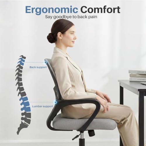 Image of DUMOS Home Office Chair, Ergonomic Lumbar Support Desk Chair | Mid Back Mesh, Height Adjustable Fixed Armrest, Rocking Mode 360 Swivel, Conference Computer, Grey