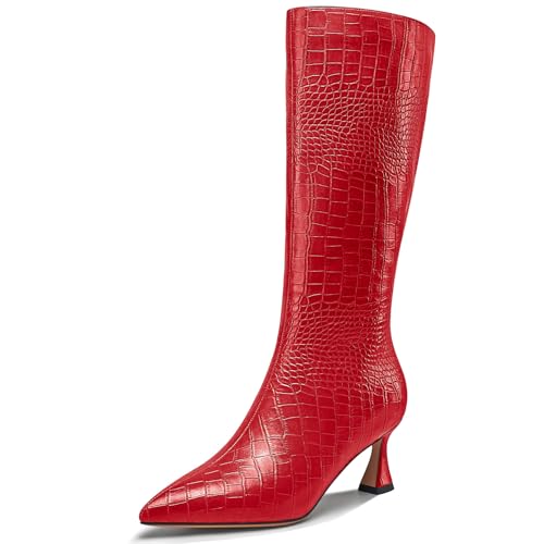 NobleOnly Donna Medio Tacco Heel Chiusa a Punta Cerniera Ballo Dress Metà polpaccio Stivali Casual Inverno Scarpe 6 CM Heels Rosso 45 EU