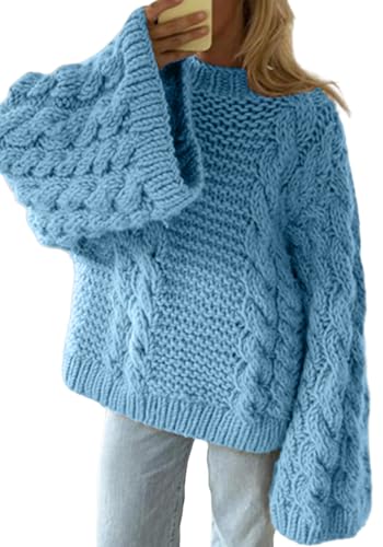 LETSVDO Women's Oversized Cable Knit Sweater Long Sleeve Crewneck Baggy