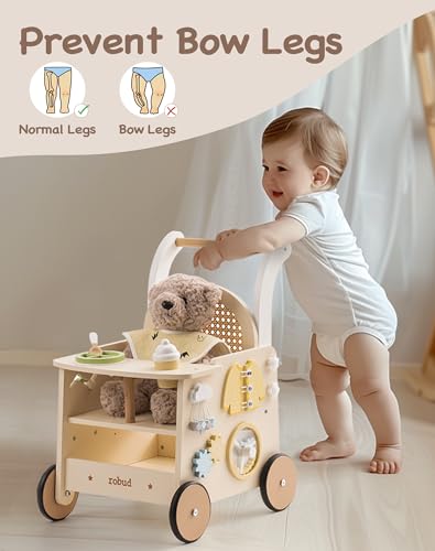 ROBUD Wooden Baby Walker for 1-2 Year Old, 2-in-1 Doll Stroller Walker with Activity Center for Toddlers, Push Along Walker with Safety Brake, Educational Toys Gifts for Boys Girls 10+ Months - Image 3