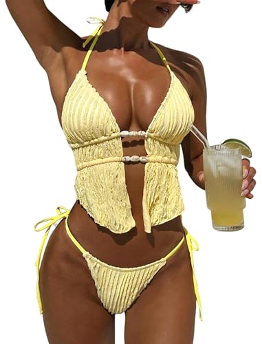Image of ZAFUL Halter Swimsuits for Women Textured Backless 2 Piece Bathing Suits Cheeky High Cut String Tie Side Bikini Sets