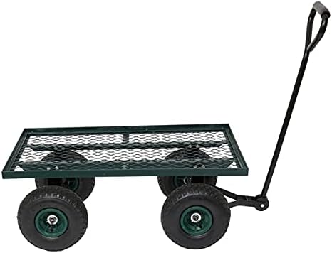 Heavy-Duty Garden Wagon Cart with Wood Panel Frame and Iron Mesh Base, Four Wheel Garden Utility Trolley for Lawn Yard Farm, Rust-Resistant Green Coating, Pull Handle Rolling Hauling Carrier
