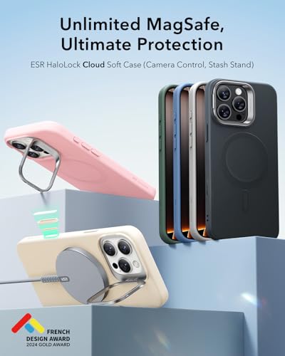 Image of ESR for iPhone 16 Pro Max Case, Silicone Case with Stand, Compatible with MagSafe, Built-in Camera Stash Stand, Magnetic Phone Case for iPhone 16 Pro Max, Cloud Series, Light Blue