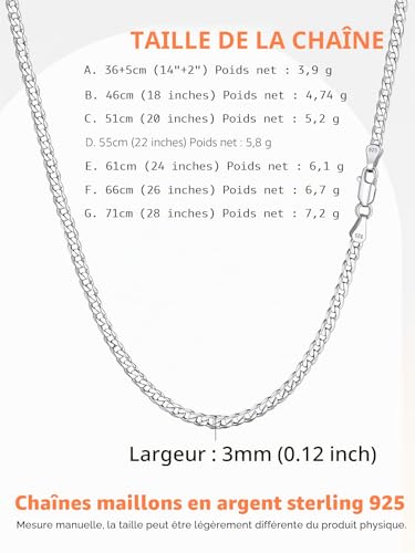 Silvora Chaine en Argent Homme 925 Massif 60cm 3mm Collier Argent Longue Maille Cubaine pour Pendentif Chaîne Femme Fine Bijoux Cadeau Noël Anniversaire avec Boîte – vue 3