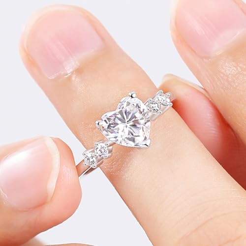 Moissanite Rings, Heart Engagement Rings White Gold Plated Promise Ring Sterling Silver Band for Women Size 5-103