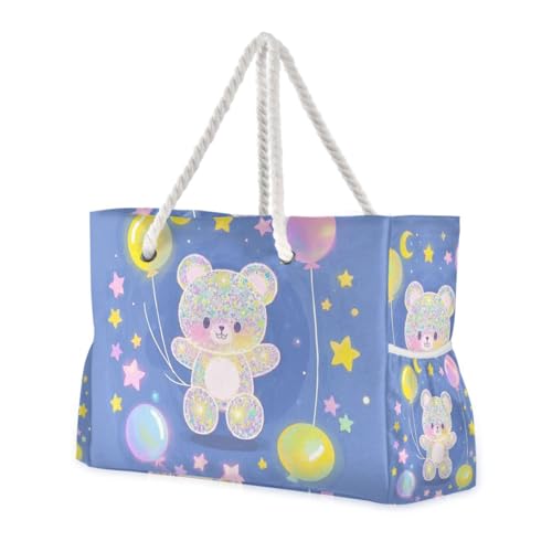 Cartoon Cute Fake Sequin Bear Large Weekender Bag Waterproof Sandproof with side pockets Large Tote For Women for Weekend Travel