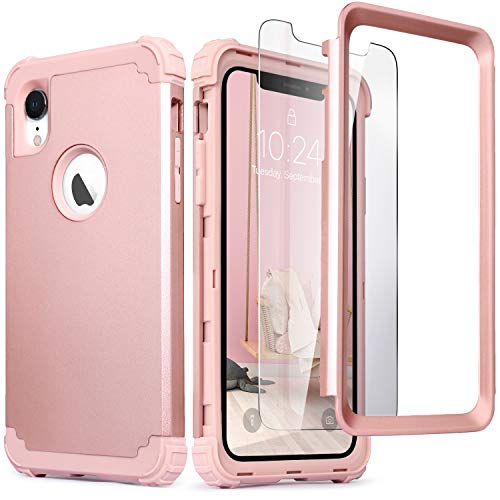 Idweel Iphone Xr Case With Tempered Glass Screen Protector, Iphone Xr Case For Women, 3 In 1 Shockproof Slim Hybrid Heavy Duty Hard Pc Cover Soft Silicone Bumper Full Body Case, Rose Gold #TOP6