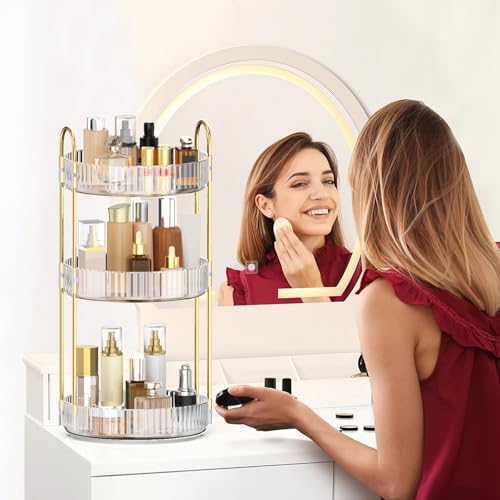 MOKANI Make Up Kosmetik Organizer, 360° Dreh Schmink Organizer, 3 Ebenen, Multifunctional Makeup Skincare Aufbewahrungssystem für Schminktisch, Badezimmer, Schlafzimmer, Transparent