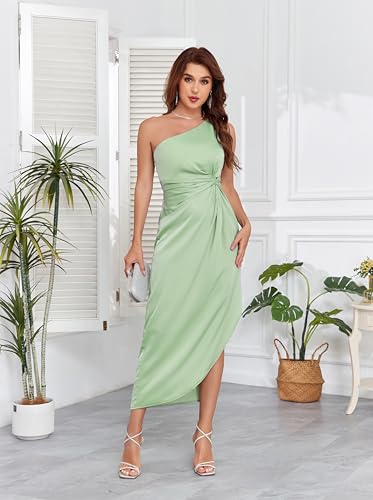 Image of Women's One Shoulder Satin Silk Backless Split Wrap Hem Twist Ruched Summer Party Cocktail Midi Dress
