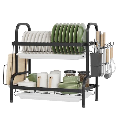 NETEL Égouttoir à 2 Niveaux, Égouttoir à Vaisselle avec égouttoirs Support de Planche à découper Support de Couverts Support de gobelets Panier à Vaisselle, Noir