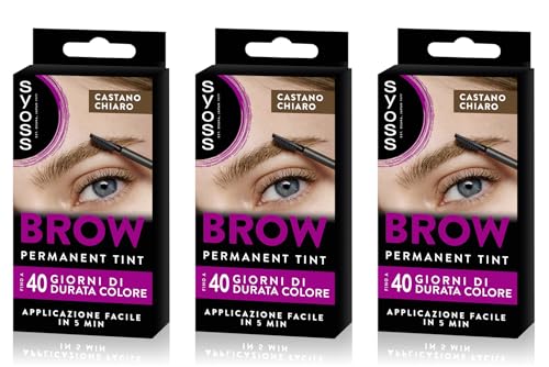 Syoss Brow Castano Chiaro (10ml), Tinta sopracciglia permanente, Tintura sopracciglia resistente ad acqua e sbavature, Colore intenso per sopracciglia per 10 applicazioni, Formula vegana, 3 confezioni