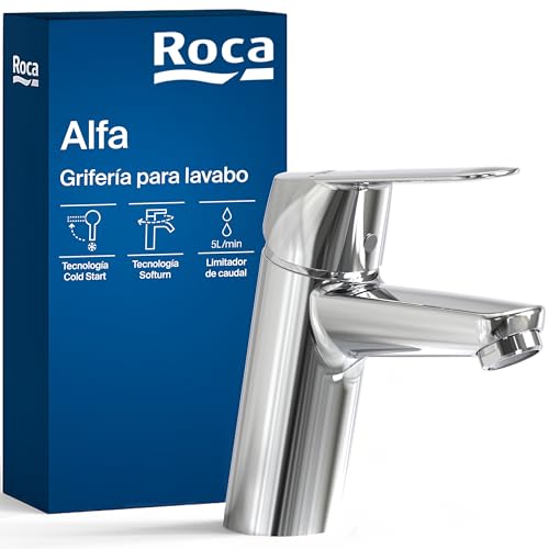 Roca Alfa Grifería para lavabo con tecnología Cold Start, grifo monomando de repisa con enlaces de alimentación flexibles, mezclador para cuarto de baño de fácil instalación, cromado, A5A3L25C00