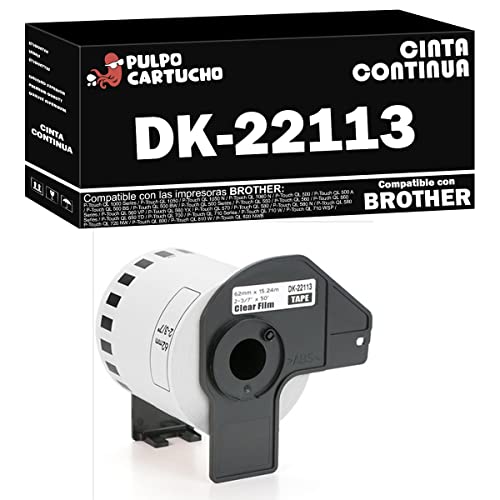 Pulpo Cartucho - Cinta Continua Transparente DK-22113 Tamaño 62 mm x 15,24 m. Color: Transparente compatible con Brother DK22113 - Valido para Impresoras Brother Cover
