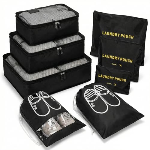 BillyBath 8-en-1 Set de Organiseurs de Bagage pour Voyage,Cubes Étanche Sacs de Voyage Rangement,Organisateur Valise Sacoches Bagages,Pour Vêtements Chaussures Sous-vêtements Cosmétiques (Noir)