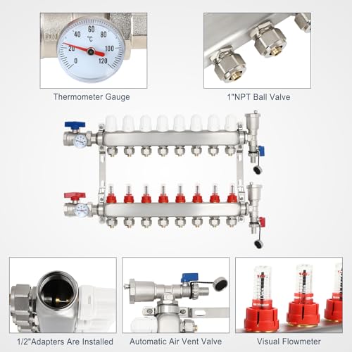 Image of Dollate 8 Loop Radiant Floor Heating Pex Manifold Stainless Steel Floor Heat Manifold Kit Hydronic Radiant Floor Heating
