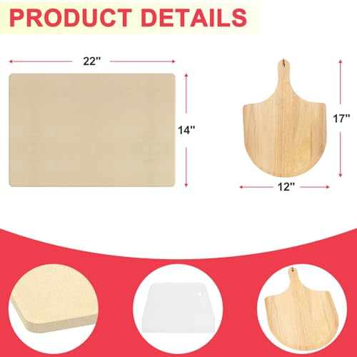 DcYourHome Universal Extra Large Pizza Stone for Oven BBQ Grilling, 22\" x 14\" Natural Cordierite Rectangular Baking Stone Pizza Making Accessories with Wood Pizza Peel Plastic Scraper for Baking Bread