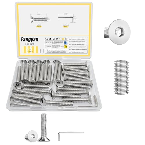 Image of Fangyan 30Pcs M8 x 50mm Countersunk Allen Screws, 304 Stainless Steel, Flat Head Hex Socket Bolts with Allen Key, Full Thread, Corrosion Resistant, for Furniture, Machinery, DIY Projects