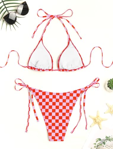 Image of ZAFUL Womens Printed Triangle Bikinis 2 Piece Halter Bikini Sets High Cut Bathing Suit Side Tie Swimsuits