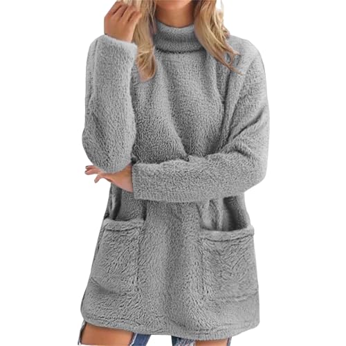 Image of ladies sweatshirts without hood,black sweatshirt womens Womens Sweatshirt Casual Fuzzy Fluffy Hoodie Solid Color Warm StylishPullover with Pockets Fleece Sweatshirts for Women UK