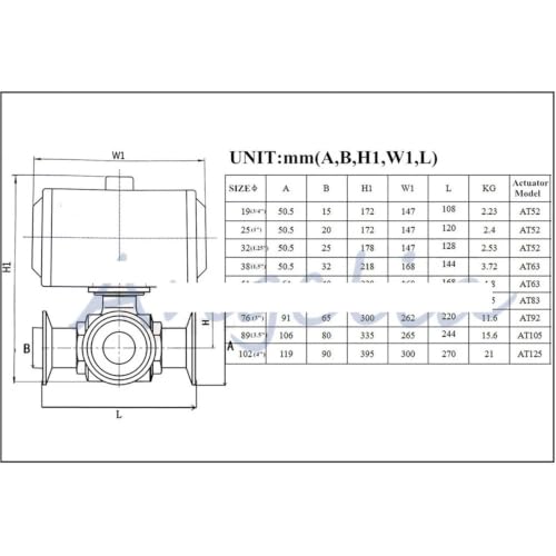 Válvula de bola neumática tipo T de acero inoxidable 316 con conexión tri-clamp 7