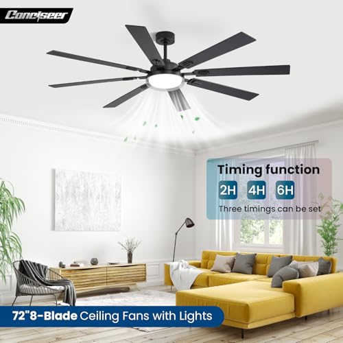 Image of 72 Inch Ceiling Fans with Lights and Remote, Living Room Office Library Industrial, 5CCT Dimmable, Dual Color 8 Blades, 6 Speed Reversible Quiet DC Motor, Double-Layer Lampshade, Black /Wood Grain