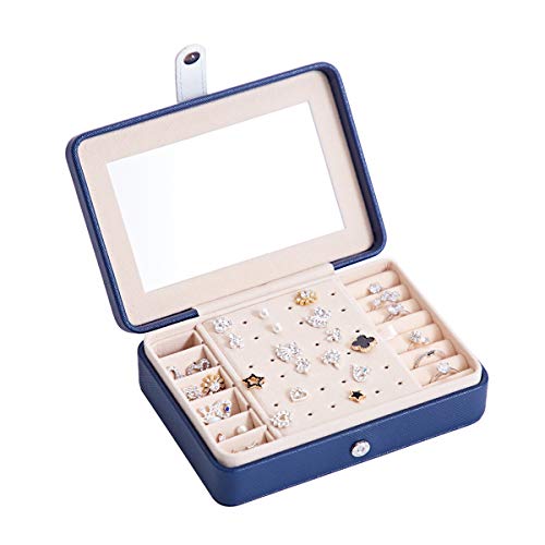 Naswei Small Jewelry Box, Jewelry Organizer, Travel Jewelry Organizer Box Portable Storage Case with Mirror for Necklaces Earrings Rings, Leather Gift for Women and Girls (Navy Blue)