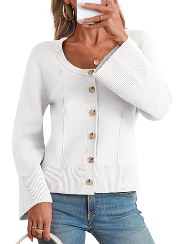 Image of Saodimallsu Womens Bell Sleeve Cardigan Sweaters Button Down Long Sleeve Fall Trendy Sweaters 2025 U Neck Knit Outwear