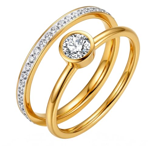 18K Gold Plated Stackable Womens Ring Set 2Pcs 5A+ Cubic Zirconia ﻿