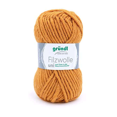 Gründl Filzwolle uni (Wolle zum Filzen, Stricken und Häkeln, Garn aus 100% Schurwolle, 50 g / 50 m, Nadelstärke: 8-9, 1 x 50 g), Curry