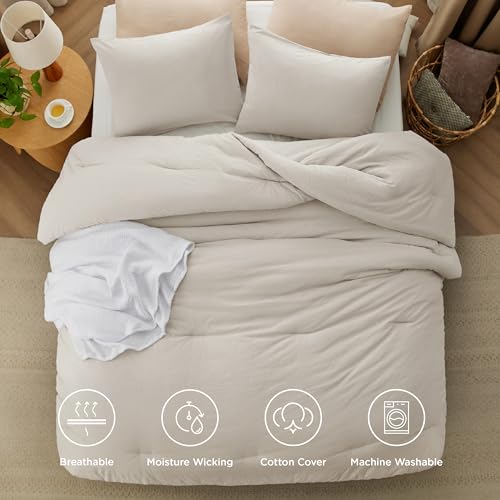 Image of Bedsure Comforter Set Twin Size - Cotton Fabric with Microfiber Inner Fill, Linen Color PureWoven Soft Bed Set for All Seasons, 2 Pieces, 1 Comforter (68 inch x 88 inch) and 1 Pillow Case (20 inch x 26 inch)
