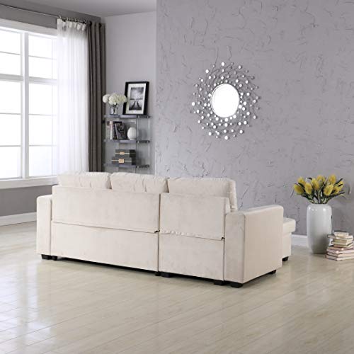 Legend Vansen 91''Velvet Sofa Chaise Storage Reversible L-Shape Sleeper Sectional,Sofabed,Seelper, Apt, Cream #TOP5
