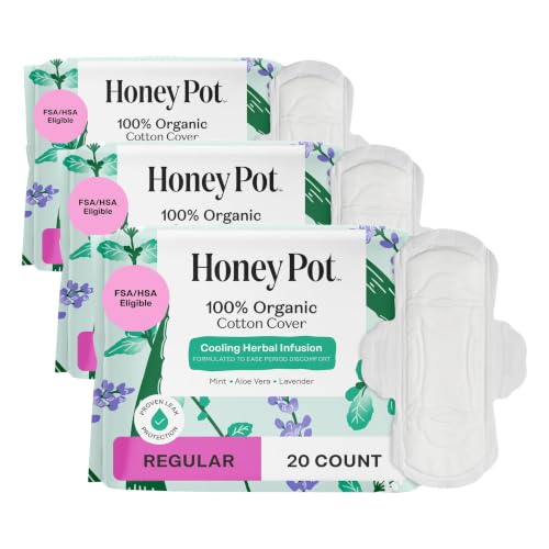 Image of The Honey Pot Company - Herbal Sanitary Pads for Women - Regular Flow w /Wings - Infused w /Essential Oils for Cooling Effect & Organic Cotton Cover - Feminine Care - 20 ct (Pack of 3)
