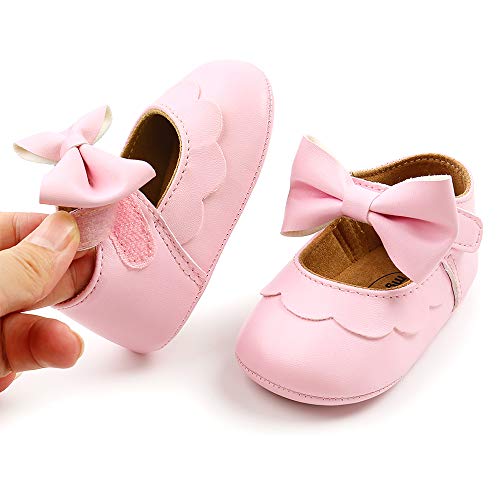 Sofmuo Baby Girls Mary Jane Flats Non-Slip Soft Rubber Sole Bowknot Infant Sneakers Toddler Princess Dress Walking Shoes(A01/Pink,6-12 Months) #TOP4