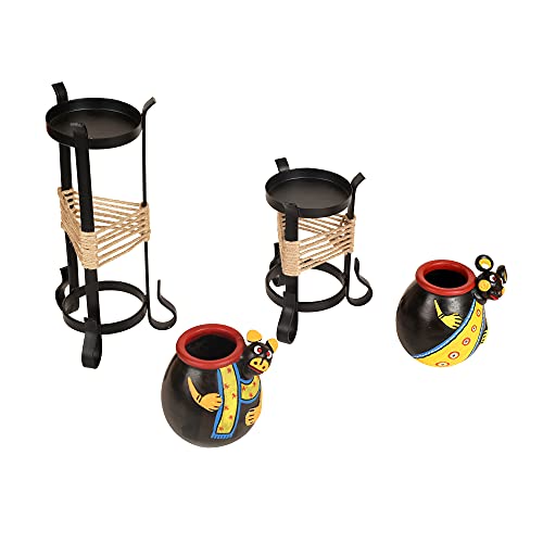 Image of AAKRITI ART CREATIONS Animal Heads Multipurpose Pots with Metal Stands | Set of 2 Decorative Planters | Black & Yellow Modern Art Pots | Matte Finish Home Decor Items for Table Decor & Gifting