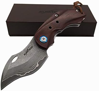 ALBATROSS HGDK003 Sharp Damascus Folding Pocket Knife with Liner Lock, Yellow Sandalwood Handle, 6-INCH, Gifts/Collections