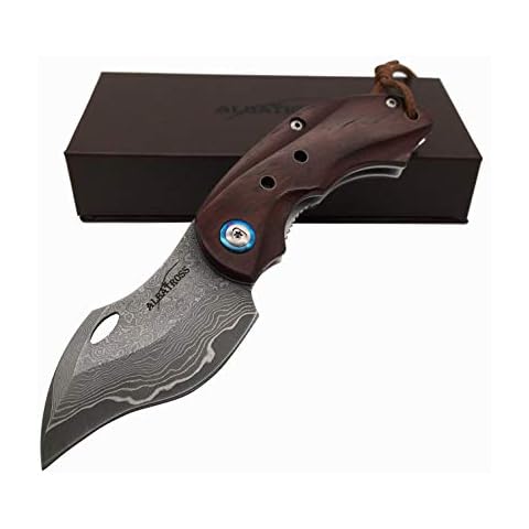 ALBATROSS HGDK003 Sharp Damascus Folding Pocket Knife with Liner Lock, Yellow Sandalwood Handle, 6-INCH, Gifts/Collections Cover