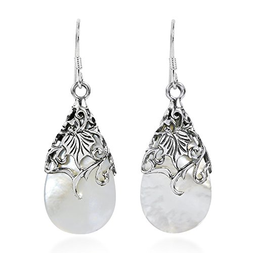 Floral Vine Ornate Teardrop White Mother of Pearl .925 Sterling Silver Dangle Earrings