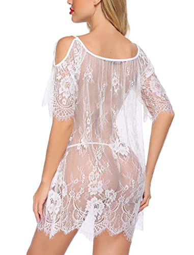 Avidlove Women Sexy Lingerie Cold Shoulder Eyelash Lace Babydoll(White,L) #TOP1